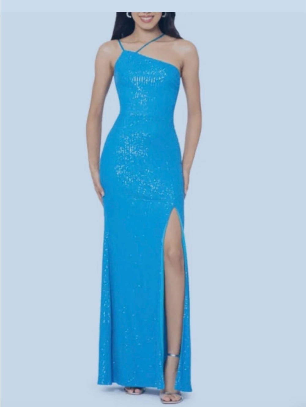 Xscape Sequin Asymmetric Neck Gown with side slit in Royal Blue